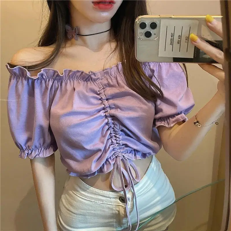 Fashion Blouses Woman Sexy Off Shoulder Crop Top Ruffles Shirt Puff Sleeve Harajuku Tee Shirt Chiffon Youth Elegant Blouse