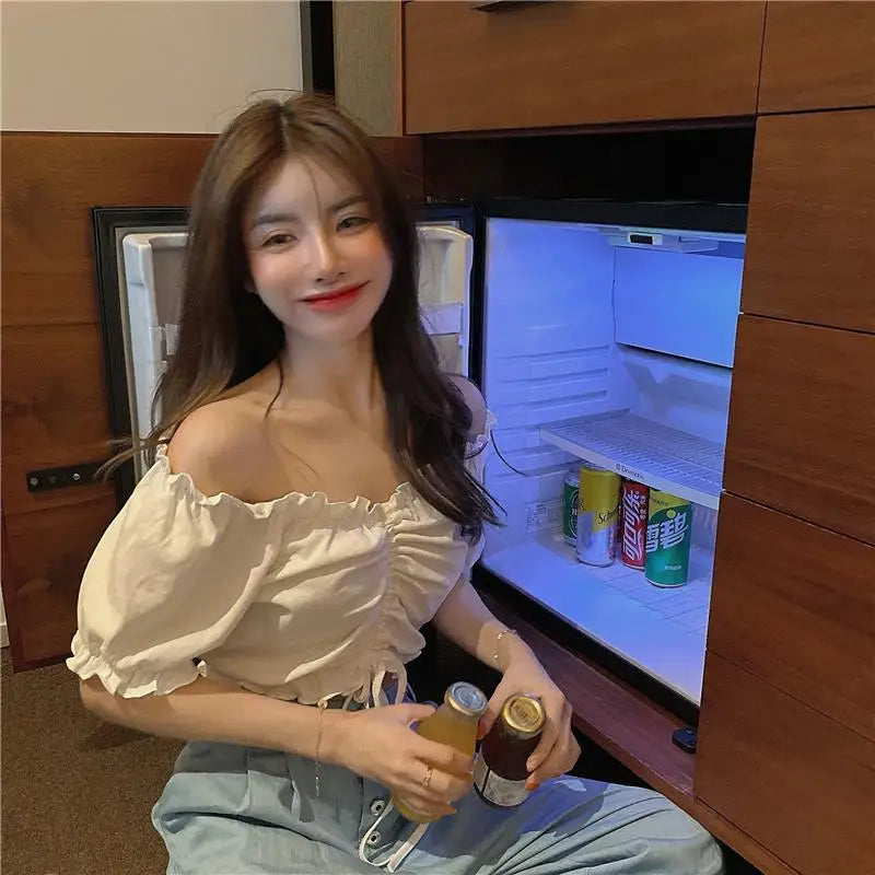 Fashion Blouses Woman Sexy Off Shoulder Crop Top Ruffles Shirt Puff Sleeve Harajuku Tee Shirt Chiffon Youth Elegant Blouse