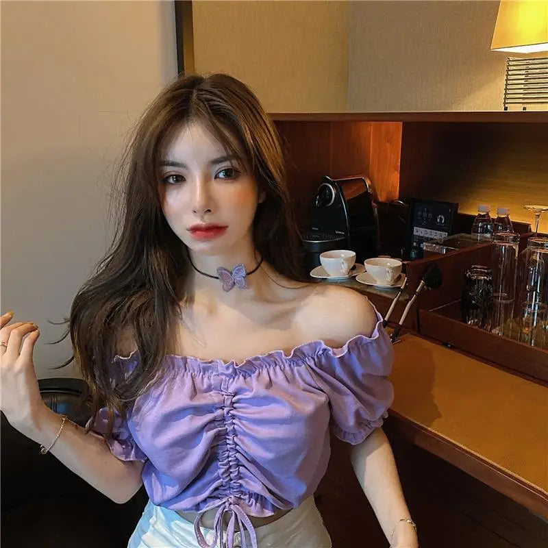 Fashion Blouses Woman Sexy Off Shoulder Crop Top Ruffles Shirt Puff Sleeve Harajuku Tee Shirt Chiffon Youth Elegant Blouse