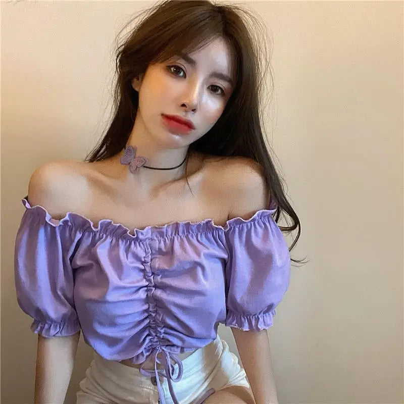 Fashion Blouses Woman Sexy Off Shoulder Crop Top Ruffles Shirt Puff Sleeve Harajuku Tee Shirt Chiffon Youth Elegant Blouse