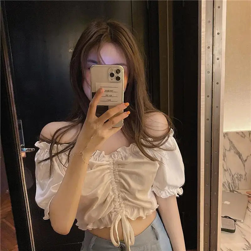 Fashion Blouses Woman Sexy Off Shoulder Crop Top Ruffles Shirt Puff Sleeve Harajuku Tee Shirt Chiffon Youth Elegant Blouse