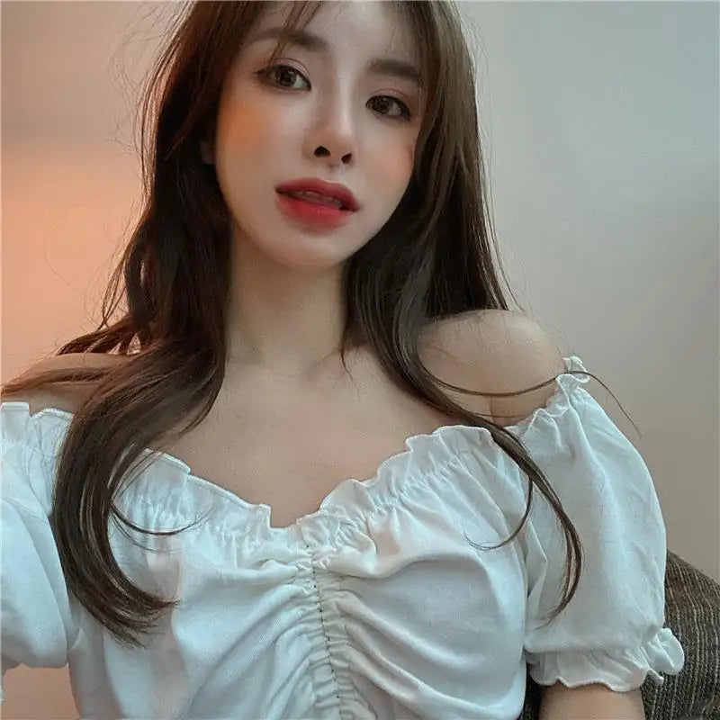 Fashion Blouses Woman Sexy Off Shoulder Crop Top Ruffles Shirt Puff Sleeve Harajuku Tee Shirt Chiffon Youth Elegant Blouse