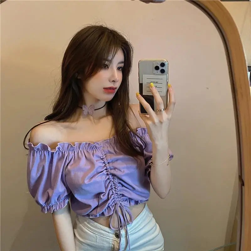 Fashion Blouses Woman Sexy Off Shoulder Crop Top Ruffles Shirt Puff Sleeve Harajuku Tee Shirt Chiffon Youth Elegant Blouse