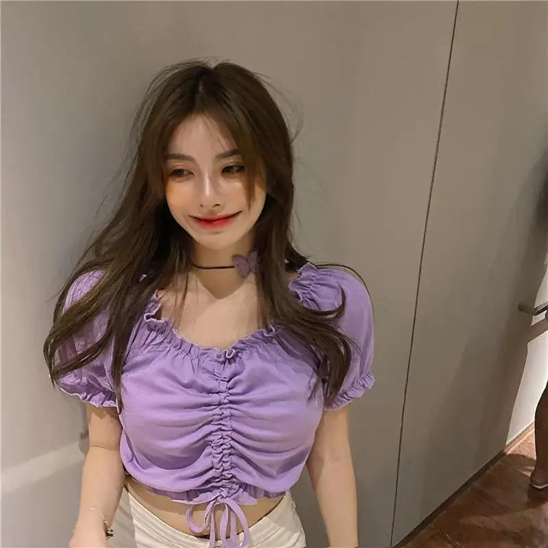 Fashion Blouses Woman Sexy Off Shoulder Crop Top Ruffles Shirt Puff Sleeve Harajuku Tee Shirt Chiffon Youth Elegant Blouse