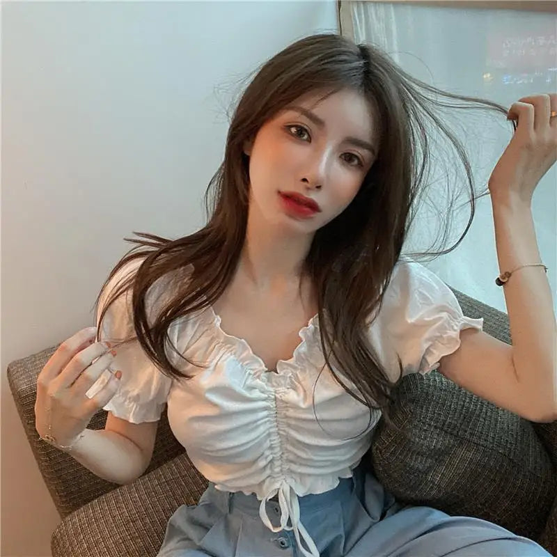 Fashion Blouses Woman Sexy Off Shoulder Crop Top Ruffles Shirt Puff Sleeve Harajuku Tee Shirt Chiffon Youth Elegant Blouse