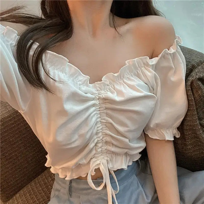 Fashion Blouses Woman Sexy Off Shoulder Crop Top Ruffles Shirt Puff Sleeve Harajuku Tee Shirt Chiffon Youth Elegant Blouse