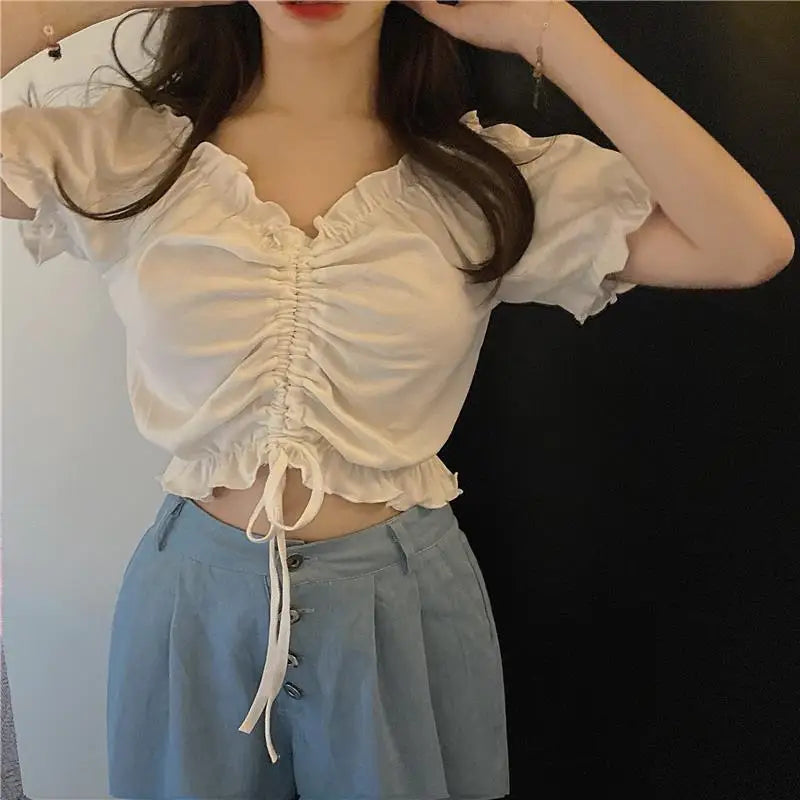 Fashion Blouses Woman Sexy Off Shoulder Crop Top Ruffles Shirt Puff Sleeve Harajuku Tee Shirt Chiffon Youth Elegant Blouse