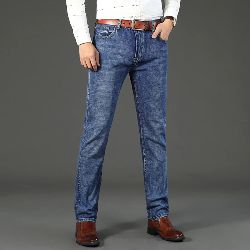 Wthinlee Spring Summer Business Jeans Men Light Blue Casual Straight Stretch Fashion Classic Work Denim Trousers Brand Clothing