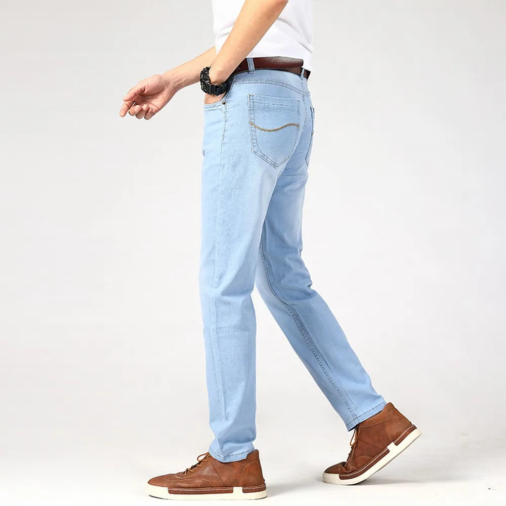 Wthinlee Spring Summer Business Jeans Men Light Blue Casual Straight Stretch Fashion Classic Work Denim Trousers Brand Clothing