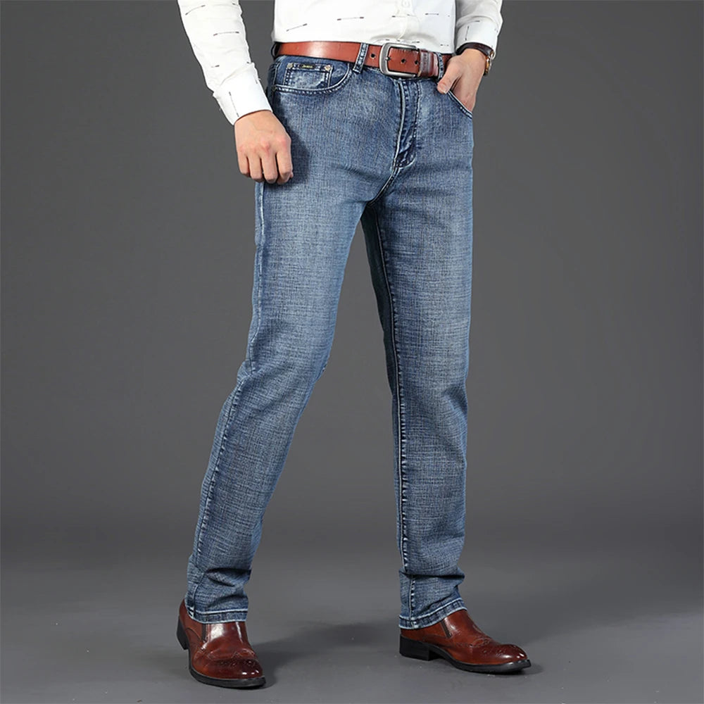 Wthinlee Spring Summer Business Jeans Men Light Blue Casual Straight Stretch Fashion Classic Work Denim Trousers Brand Clothing