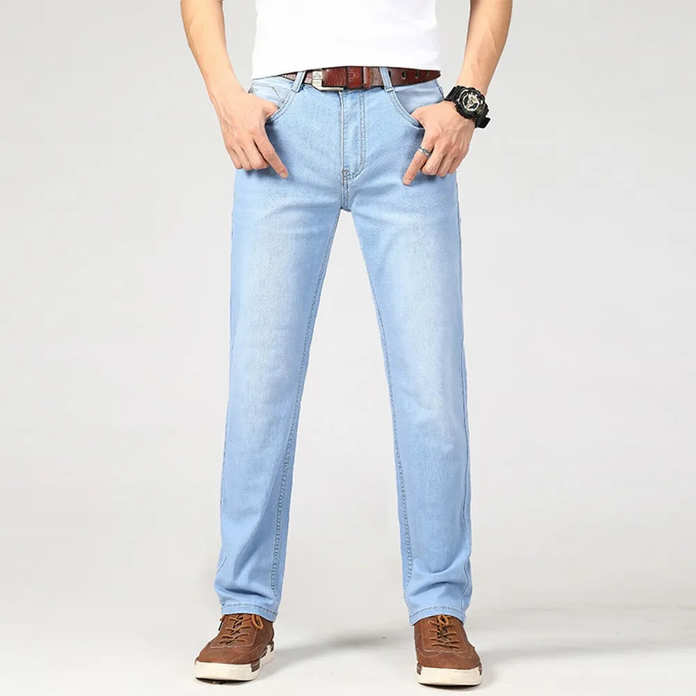 Wthinlee Spring Summer Business Jeans Men Light Blue Casual Straight Stretch Fashion Classic Work Denim Trousers Brand Clothing