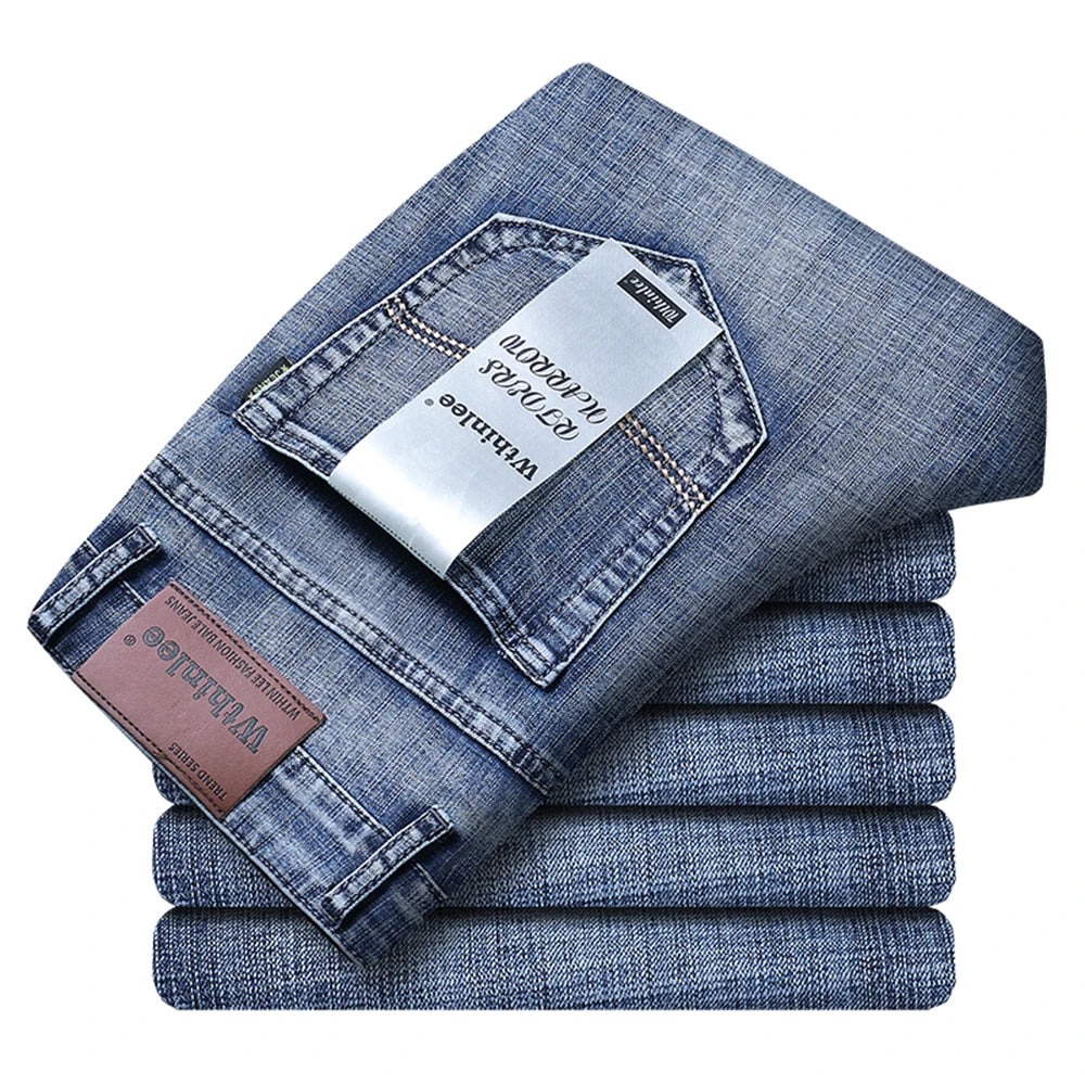 Wthinlee Spring Summer Business Jeans Men Light Blue Casual Straight Stretch Fashion Classic Work Denim Trousers Brand Clothing