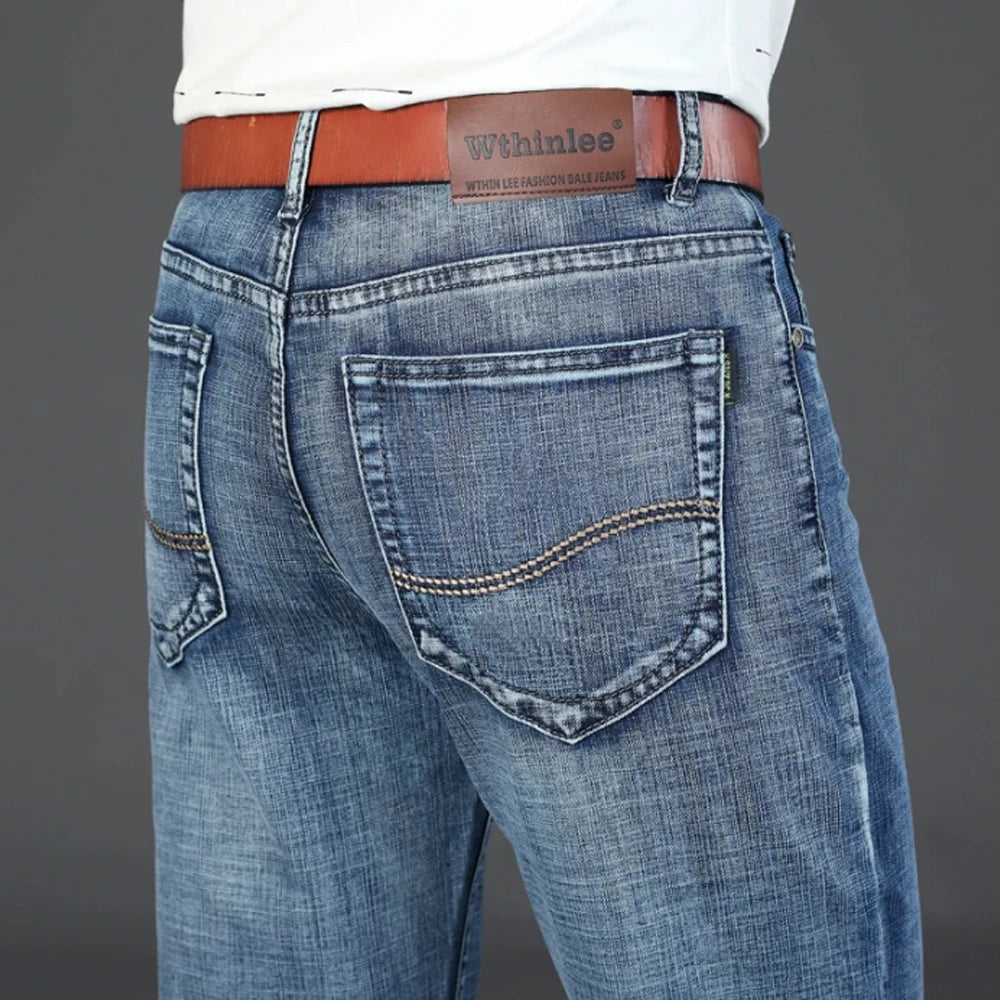 Wthinlee Spring Summer Business Jeans Men Light Blue Casual Straight Stretch Fashion Classic Work Denim Trousers Brand Clothing