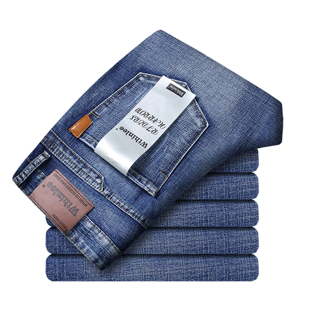Wthinlee Spring Summer Business Jeans Men Light Blue Casual Straight Stretch Fashion Classic Work Denim Trousers Brand Clothing
