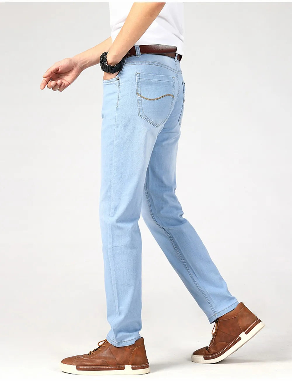 Wthinlee Spring Summer Business Jeans Men Light Blue Casual Straight Stretch Fashion Classic Work Denim Trousers Brand Clothing