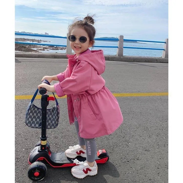 Spring Autumn Girls Coat Long Style Adjustable Waist Design Hooded Sweatshirt For Kdis Children Outdoor Windbreaker Outerwear