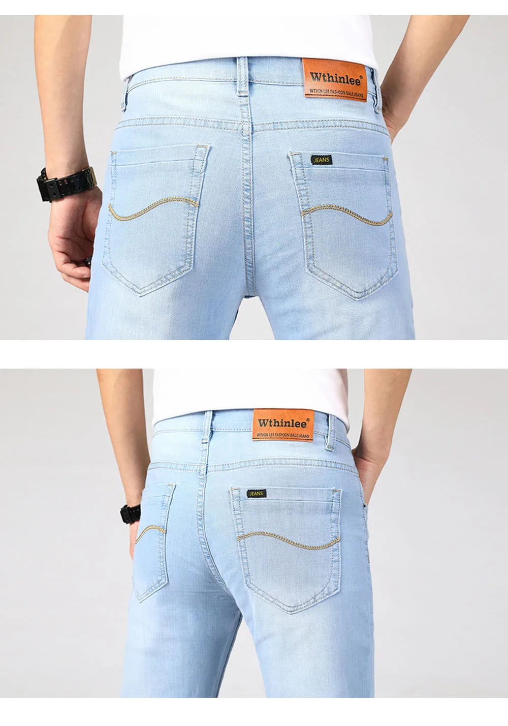 Wthinlee Spring Summer Business Jeans Men Light Blue Casual Straight Stretch Fashion Classic Work Denim Trousers Brand Clothing