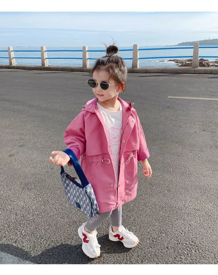 Spring Autumn Girls Coat Long Style Adjustable Waist Design Hooded Sweatshirt For Kdis Children Outdoor Windbreaker Outerwear