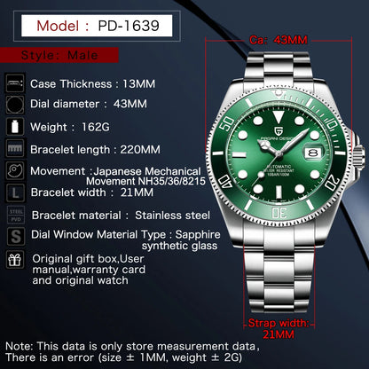 PAGANI DESIGN Luxury Sapphire Glass Men Automatic Watch 100m Waterproof Stainless Steel men mechanical wristwatches montre homme