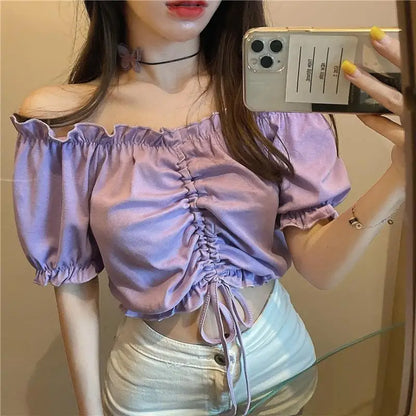 Fashion Blouses Woman Sexy Off Shoulder Crop Top Ruffles Shirt Puff Sleeve Harajuku Tee Shirt Chiffon Youth Elegant Blouse