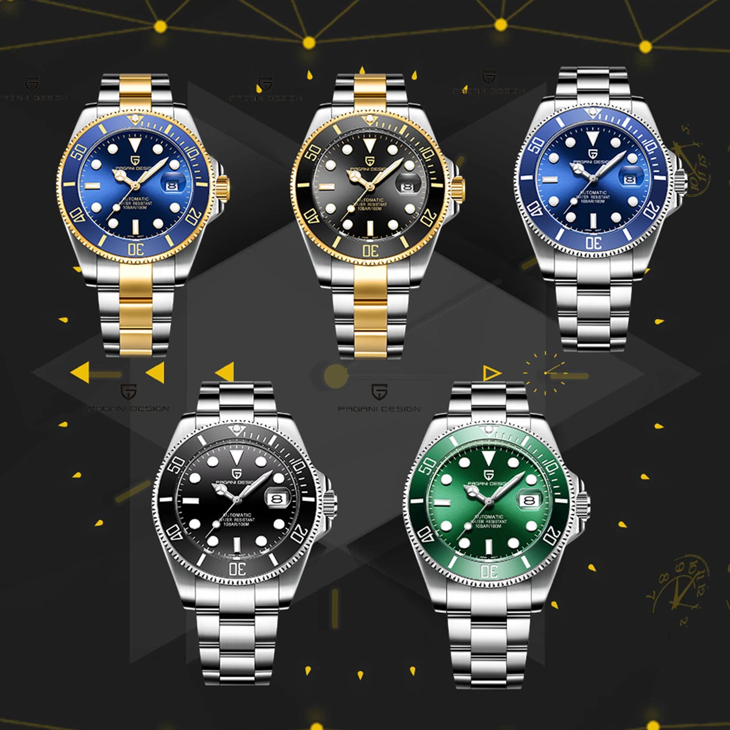 PAGANI DESIGN Luxury Sapphire Glass Men Automatic Watch 100m Waterproof Stainless Steel men mechanical wristwatches montre homme