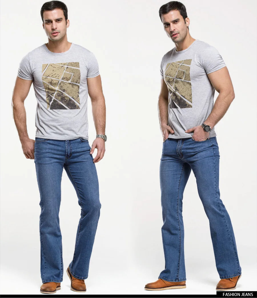 Mens Boot Cut Jeans Slightly Flared Slim Fit Blue Black Trousers Designer Classic Male Stretch Denim Pants