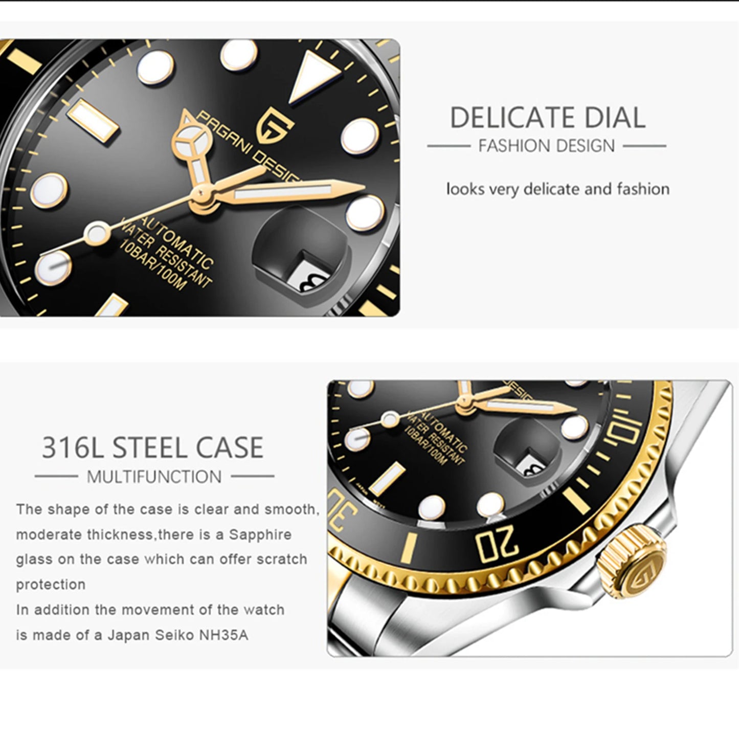 PAGANI DESIGN Luxury Sapphire Glass Men Automatic Watch 100m Waterproof Stainless Steel men mechanical wristwatches montre homme