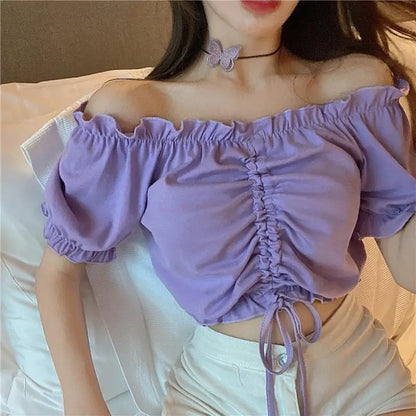 Fashion Blouses Woman Sexy Off Shoulder Crop Top Ruffles Shirt Puff Sleeve Harajuku Tee Shirt Chiffon Youth Elegant Blouse