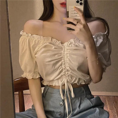 Fashion Blouses Woman Sexy Off Shoulder Crop Top Ruffles Shirt Puff Sleeve Harajuku Tee Shirt Chiffon Youth Elegant Blouse