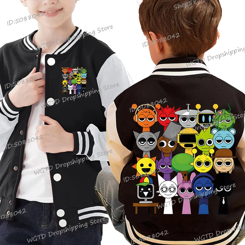 Kids Horror Game Sprunki Print Baseball Uniform Spring Summer Long Sleeve Cartoon Sportswear Sprunki Anime boys girls Jackets