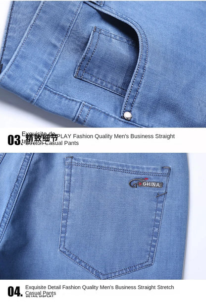 New Thin Denim Jeans Men's Blue Straight Stretch Cotton Pants High Quality Business Casual Lightweight Pants Summer Autumn