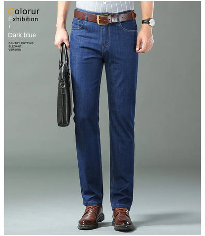 New Thin Denim Jeans Men's Blue Straight Stretch Cotton Pants High Quality Business Casual Lightweight Pants Summer Autumn
