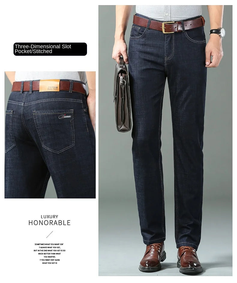 New Thin Denim Jeans Men's Blue Straight Stretch Cotton Pants High Quality Business Casual Lightweight Pants Summer Autumn