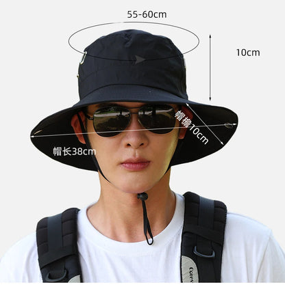 Windproof Men Outdoor Hat Wide Brim Flat Top Men Camping Hat Letter Print Anti-UV Strap Hollow Out Men Fisherman Hat Headwear