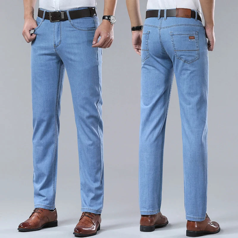New Thin Denim Jeans Men's Blue Straight Stretch Cotton Pants High Quality Business Casual Lightweight Pants Summer Autumn