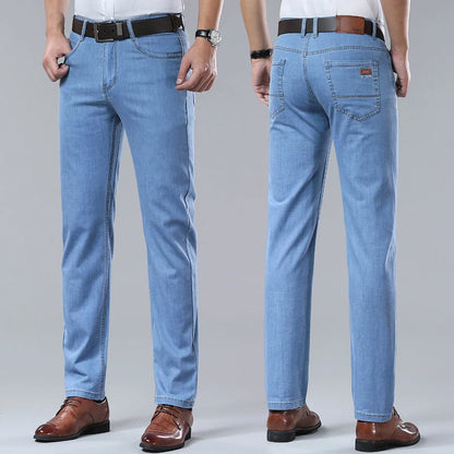 New Thin Denim Jeans Men's Blue Straight Stretch Cotton Pants High Quality Business Casual Lightweight Pants Summer Autumn