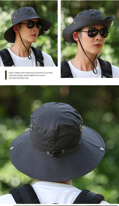 Windproof Men Outdoor Hat Wide Brim Flat Top Men Camping Hat Letter Print Anti-UV Strap Hollow Out Men Fisherman Hat Headwear