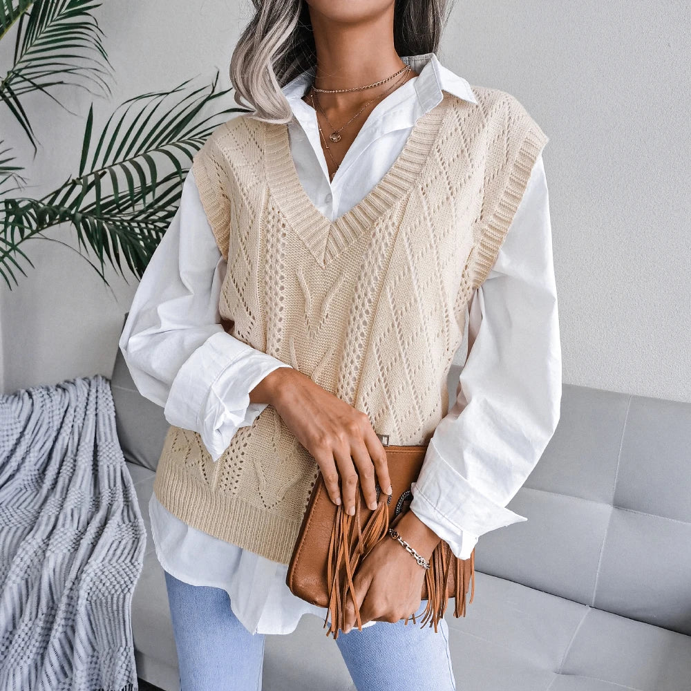 2023 Autumn Winter Women Knitted Sweater Vest Casual Sleeveless Pullovers