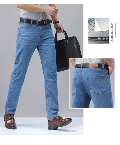 Summer Thin Men's Elastic Cotton Jeans Fashion Blue Comfortable Business Straight Casual Pants Brand Male Clothes Trousers