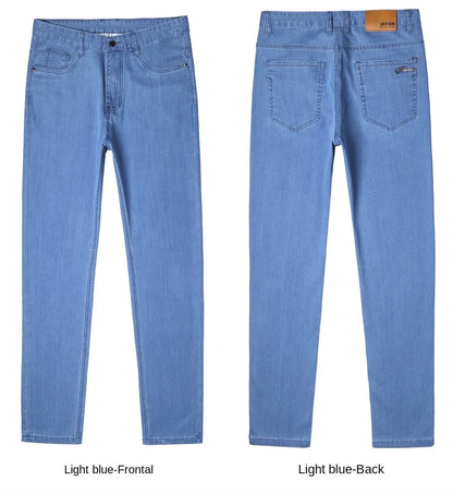 New Thin Denim Jeans Men's Blue Straight Stretch Cotton Pants High Quality Business Casual Lightweight Pants Summer Autumn