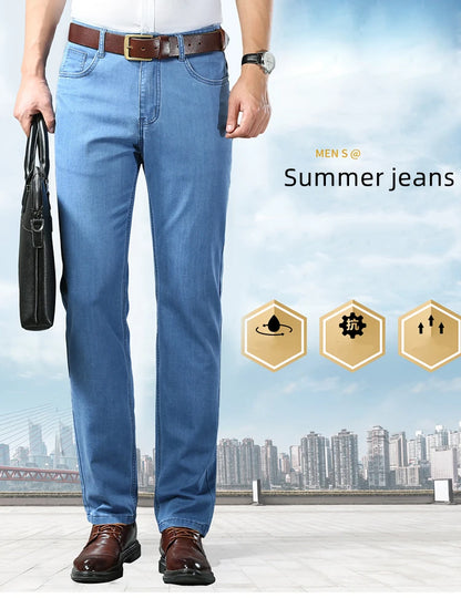 New Thin Denim Jeans Men's Blue Straight Stretch Cotton Pants High Quality Business Casual Lightweight Pants Summer Autumn