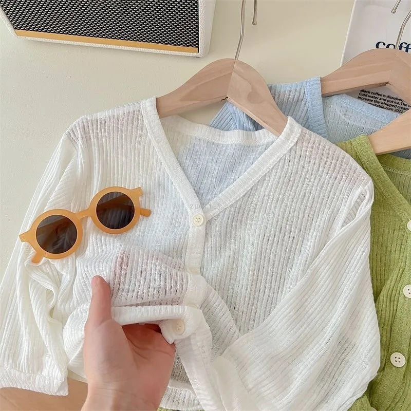 Girls Summer Thin Cardigan Jacket Breathable Outdoor Children Sun Protection Suit Coats Solid Baby Kids Air-conditioned Clothing