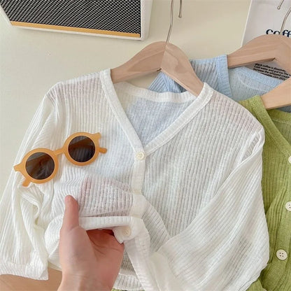 Girls Summer Thin Cardigan Jacket Breathable Outdoor Children Sun Protection Suit Coats Solid Baby Kids Air-conditioned Clothing