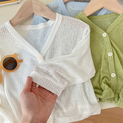 Girls Summer Thin Cardigan Jacket Breathable Outdoor Children Sun Protection Suit Coats Solid Baby Kids Air-conditioned Clothing