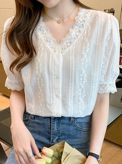 Summer Short Sleeve White Blouse Shirt Women Tops Blusas Mujer De Moda 2024 Verano Lace V-Neck Blouse Women Blouses Blusa F452