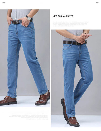 Summer Thin Men's Elastic Cotton Jeans Fashion Blue Comfortable Business Straight Casual Pants Brand Male Clothes Trousers