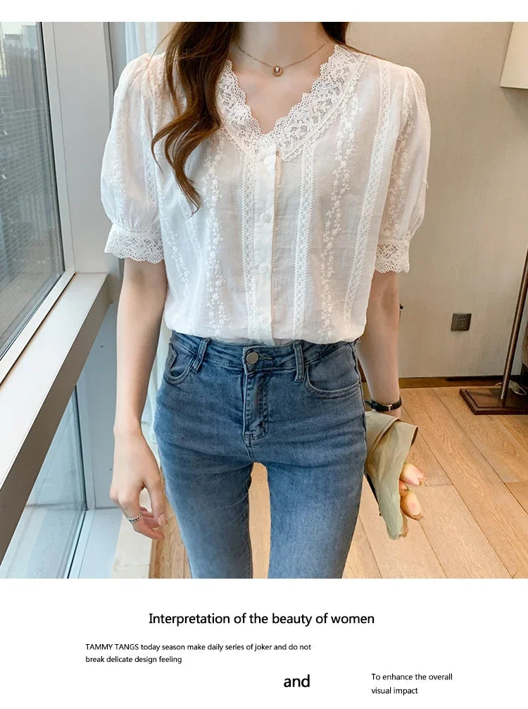Summer Short Sleeve White Blouse Shirt Women Tops Blusas Mujer De Moda 2024 Verano Lace V-Neck Blouse Women Blouses Blusa F452