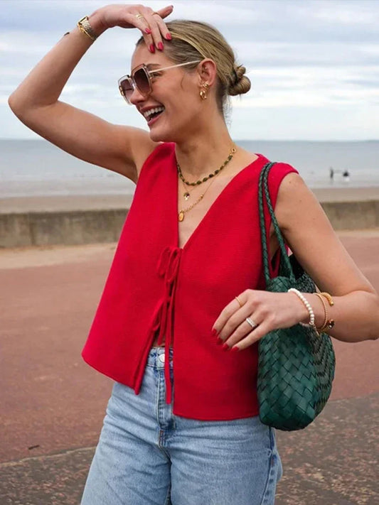 Casual Knitted Lace Up Sweater Vest Women Tops Sleeveless Deep V-neck Hollow Out Female Top Fashion All-match Loose Lady Vests