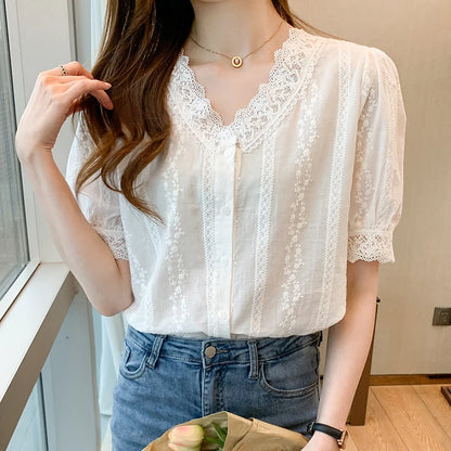 Summer Short Sleeve White Blouse Shirt Women Tops Blusas Mujer De Moda 2024 Verano Lace V-Neck Blouse Women Blouses Blusa F452