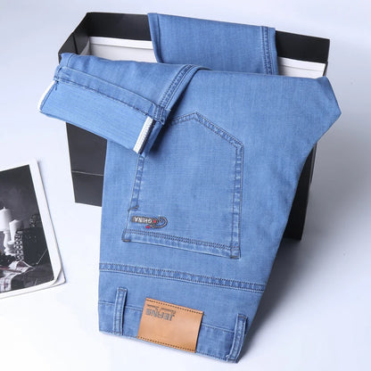 New Thin Denim Jeans Men's Blue Straight Stretch Cotton Pants High Quality Business Casual Lightweight Pants Summer Autumn